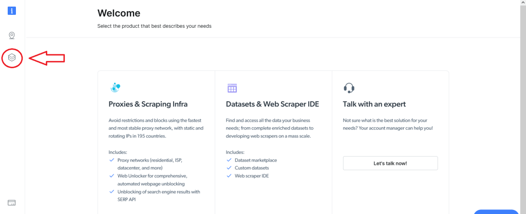 Painel de controlo de Bright Data