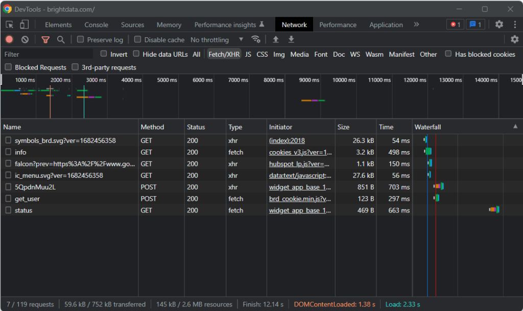 「Fetch/XHR」セクションを調べます