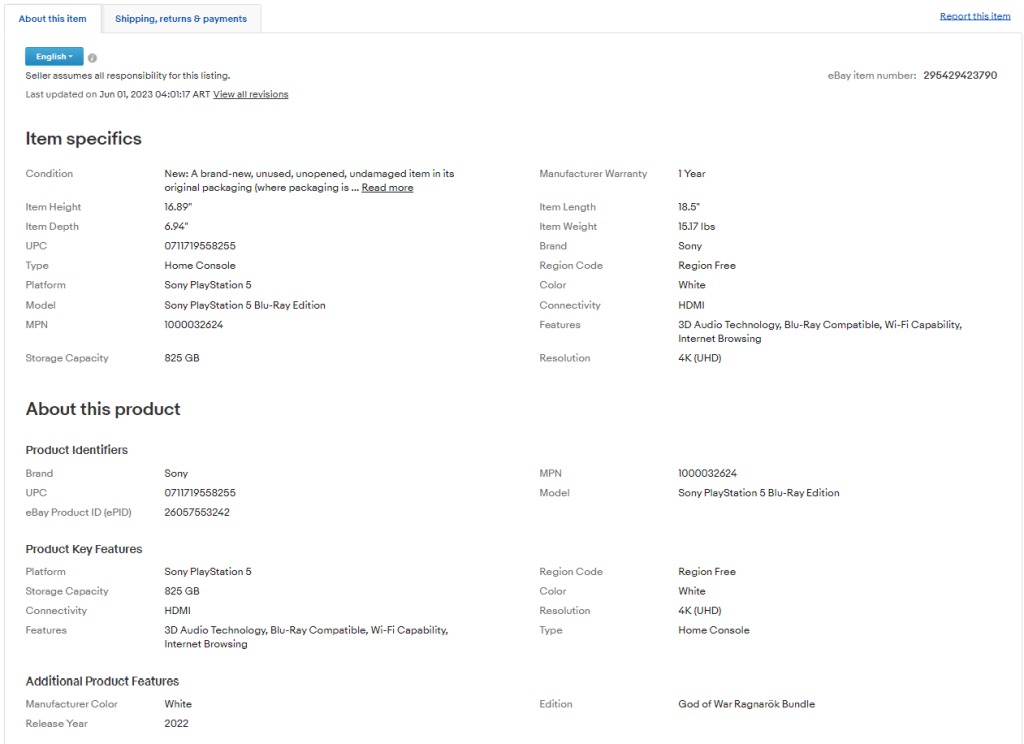 Registerkarte „Info zum Artikel“