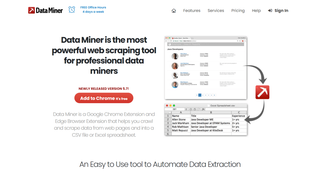Page d’accueil du site de Data Miner