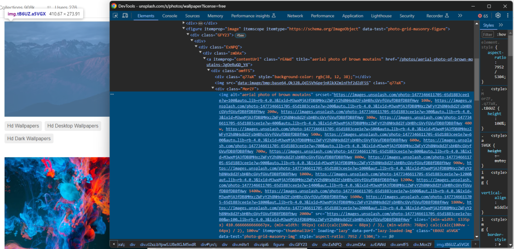 Inspecionando uma imagem no devtools