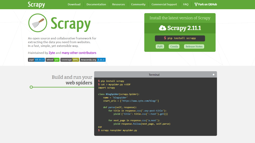 Page d’accueil du site de Scrapy