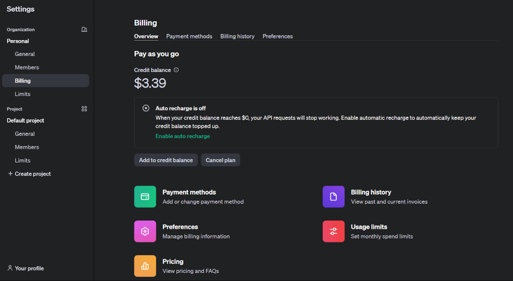 Page des paramètres de facturation avec des informations sur le solde créditeur.