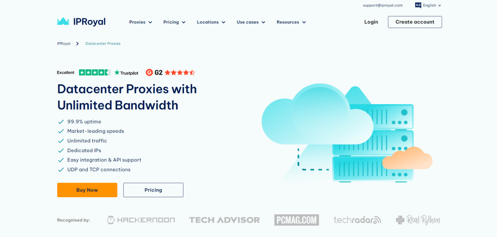 Página de proxies de centros de datos en el sitio web de IPRoyal