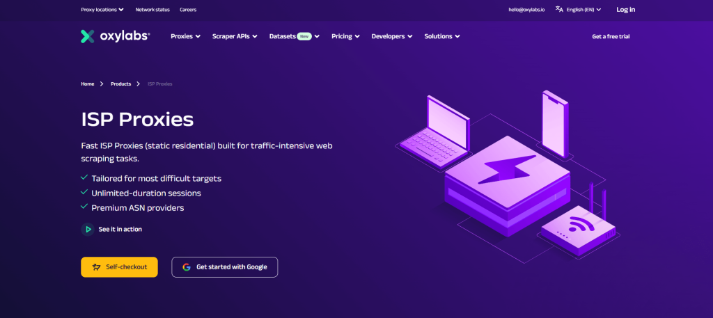 Page des serveurs proxy de FAI d’Oxylabs