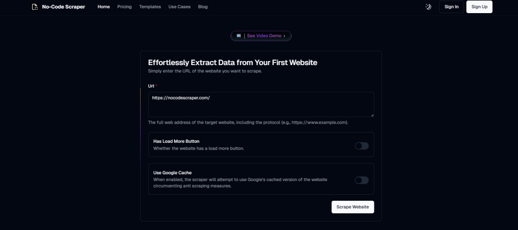 Page de No-Code Scraper