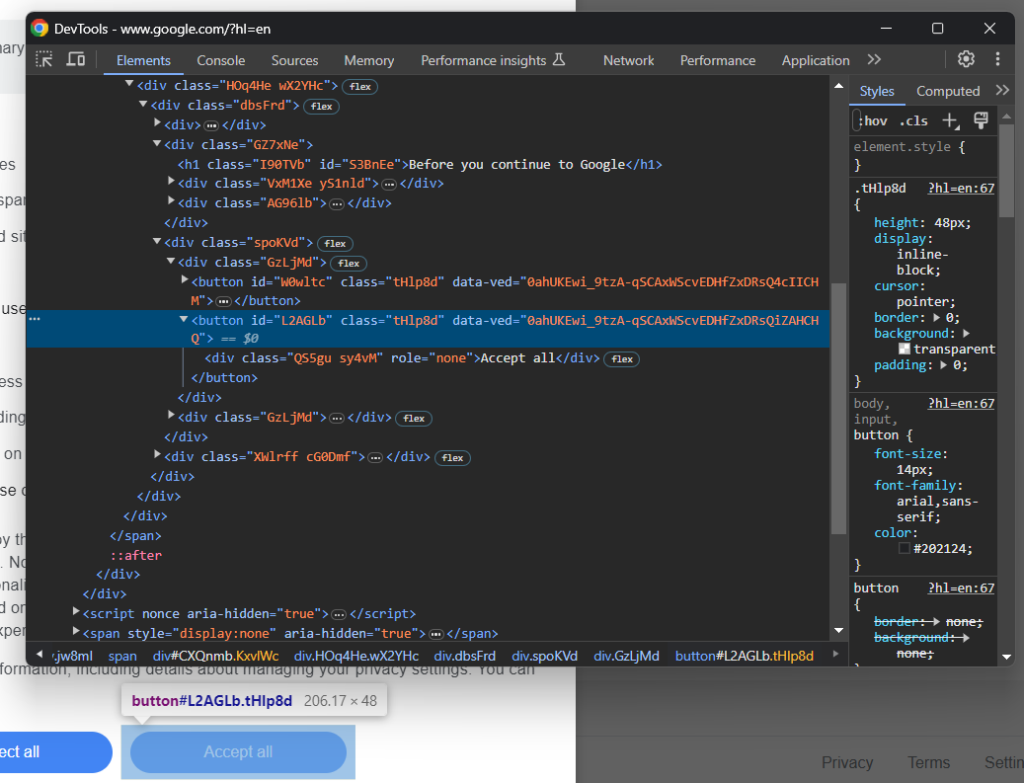 Inspeccionar el botón «Aceptar todo»