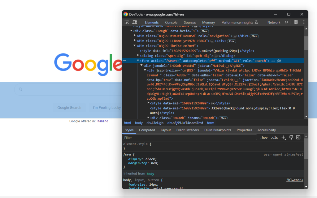 Inspeccionar el formulario de búsqueda de Google