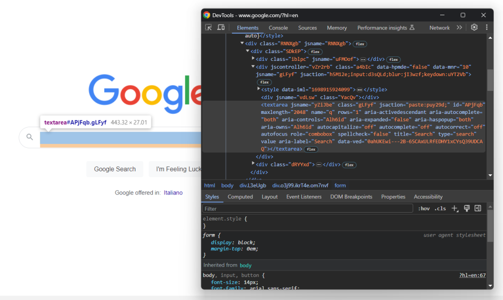 Observar el área de texto de la barra de búsqueda