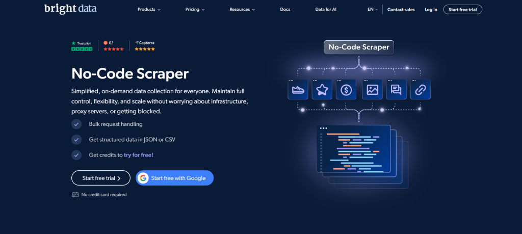 La page de Bright Data sur le scraper sans code