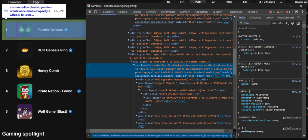 Der DevTools-Abschnitt für das NFT-Sammelobjekt
