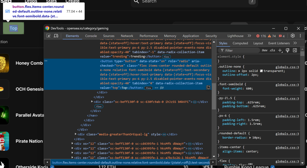 Der DevTools-Bereich für die Schaltfläche "Oben".