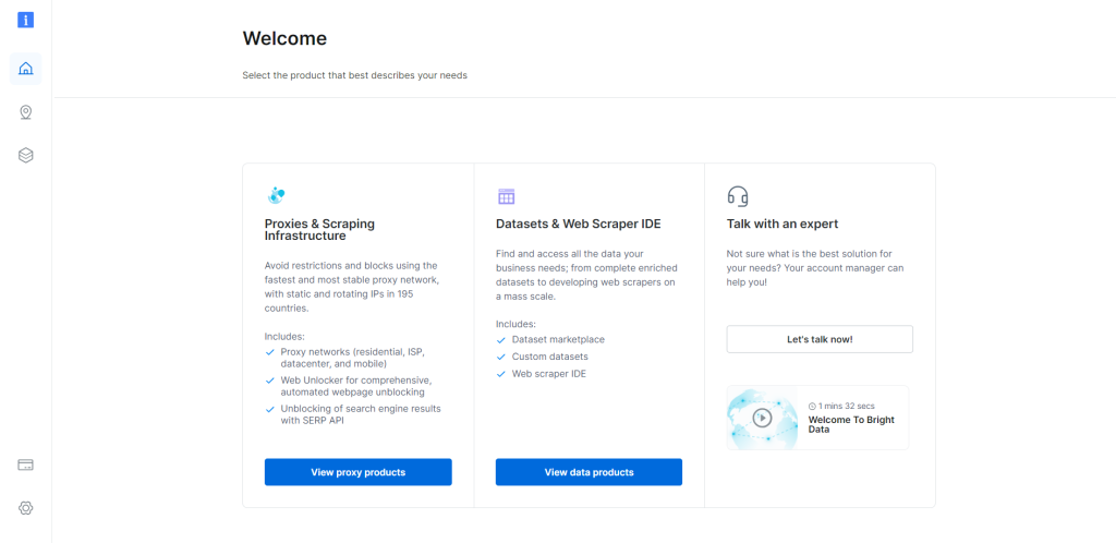 Das Dashboard von Bright Data nach der Anmeldung