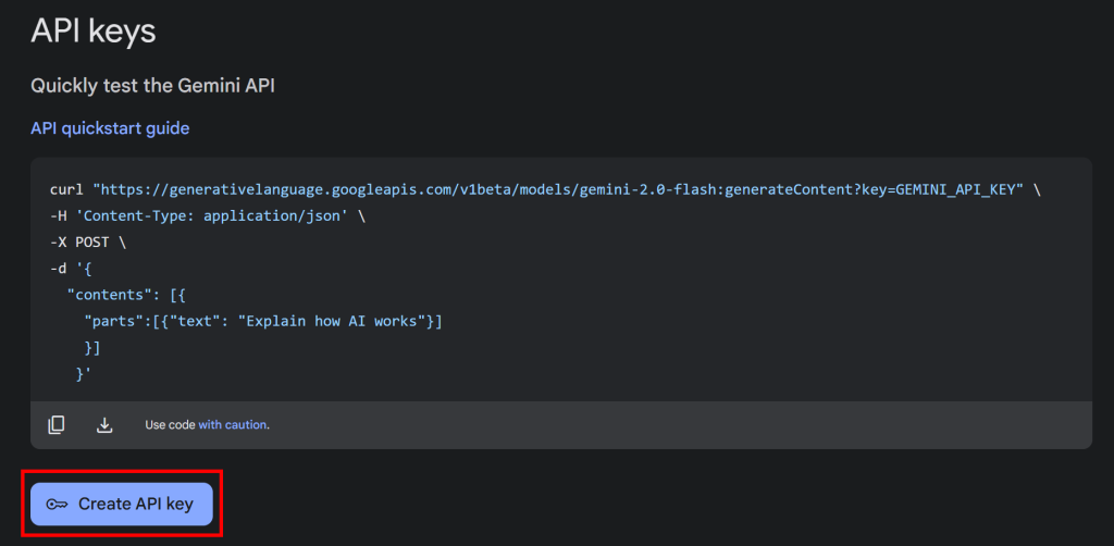 Beachten Sie die Schaltfläche "API-Schlüssel erstellen".
