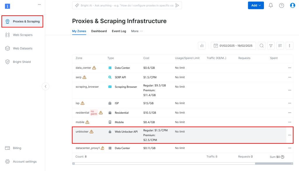 Bright Dataのダッシュボードで "unblocker "オプションを選択する。