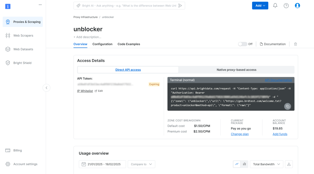 Web Unlocker APIの設定ページ