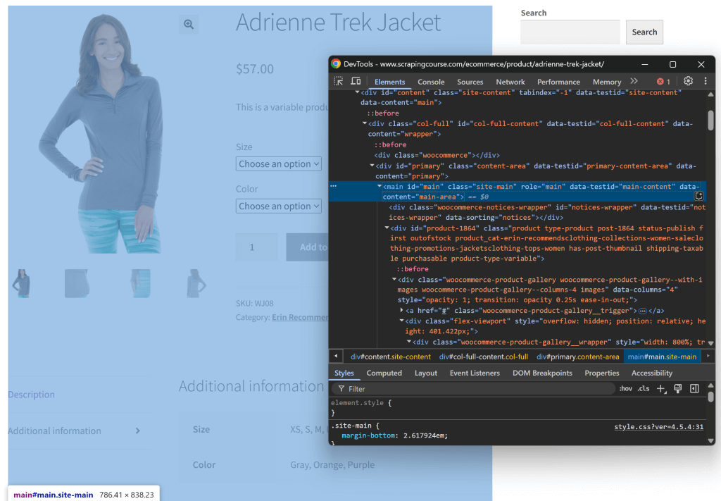 Das HTML-Element #main enthält alle Daten, die von Interesse sind