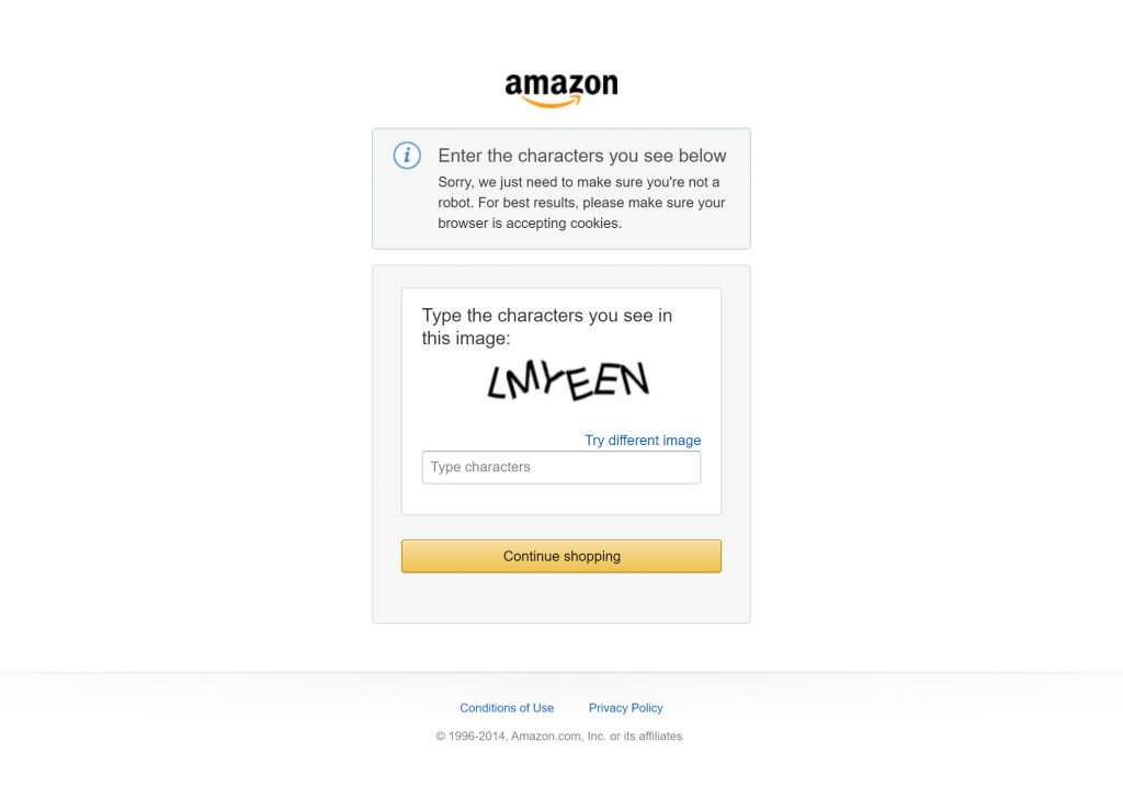 Amazon CAPTCHA verification page displaying distorted characters "LMYEEN" for user input to ensure the user is not a robot, with buttons for submitting information or trying a different image.