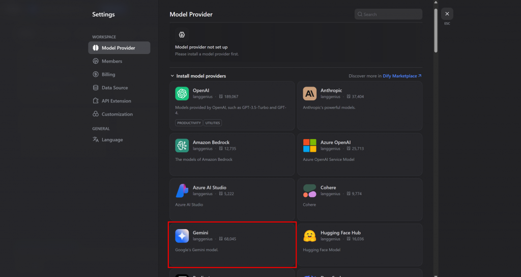 Auswahl von Gemini als Anbieter des Dify-Modells