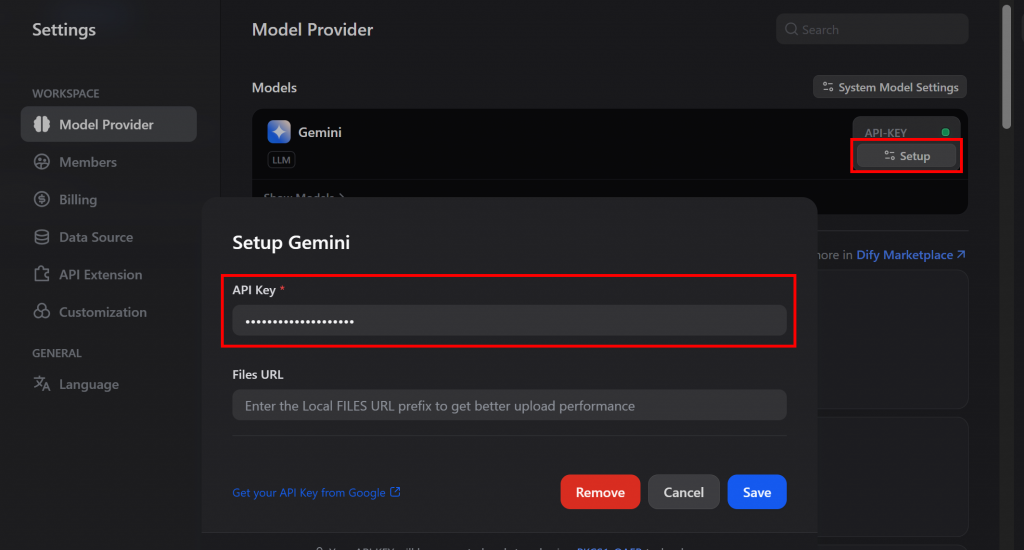 Einfügen des Gemini-API-Schlüssels