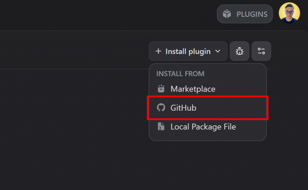 Auswahl der Schaltfläche "GitHub" zur Installation