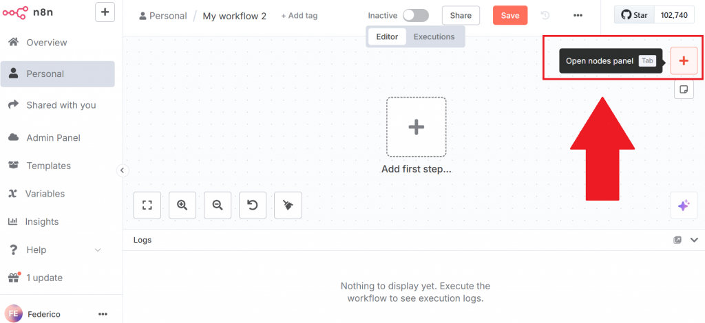 Painel de nós abertos da n8n