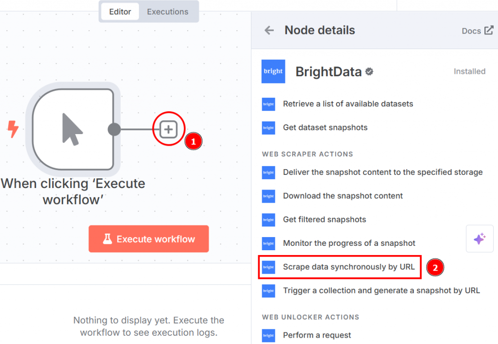 Seleção do nó do Bright Data no fluxo de trabalho do n8n