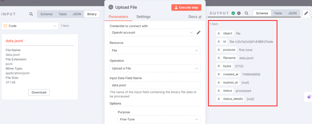 A saída do nó do arquivo de upload do OpenAI