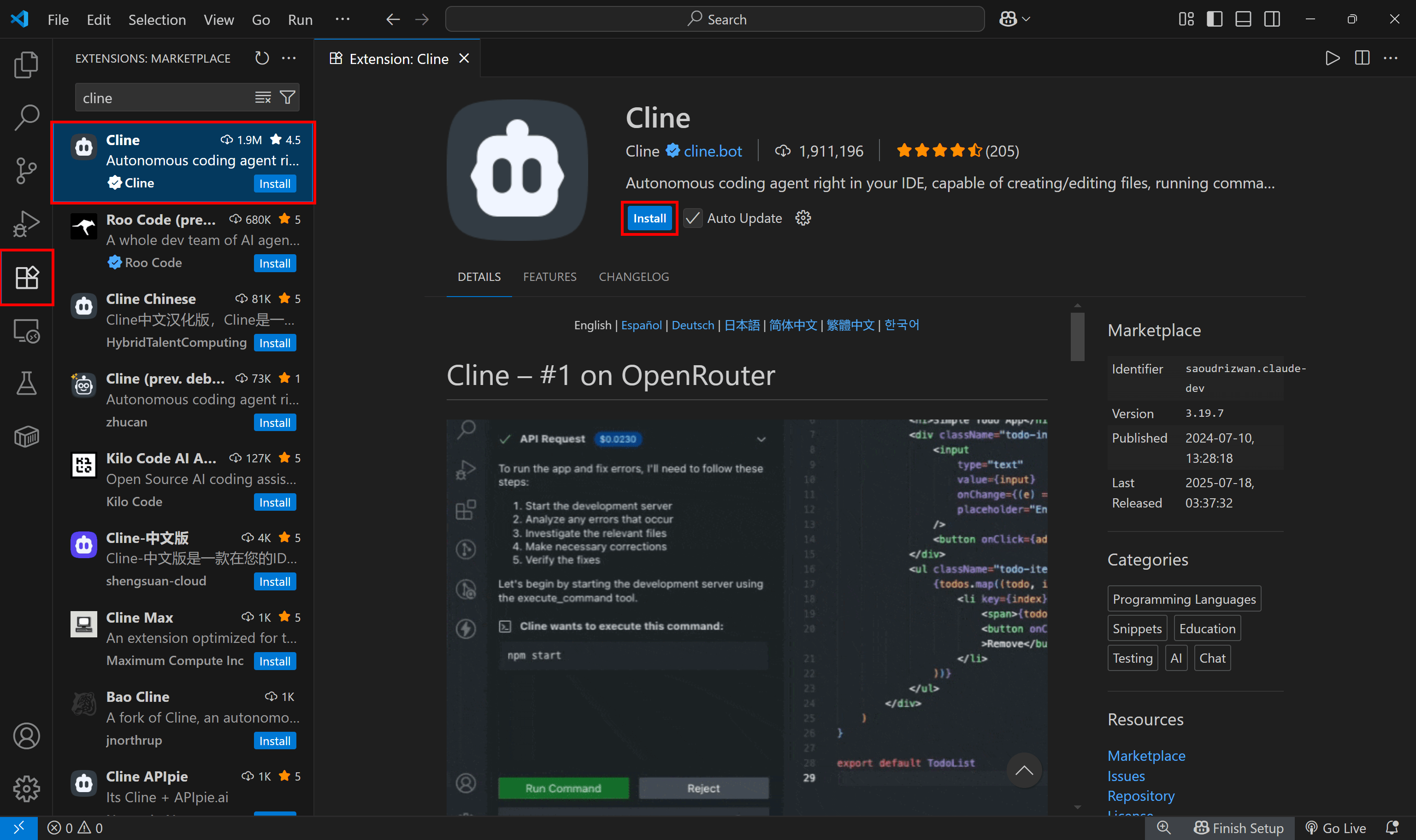 Clicking the “Install” button to install Cline in VS Code 