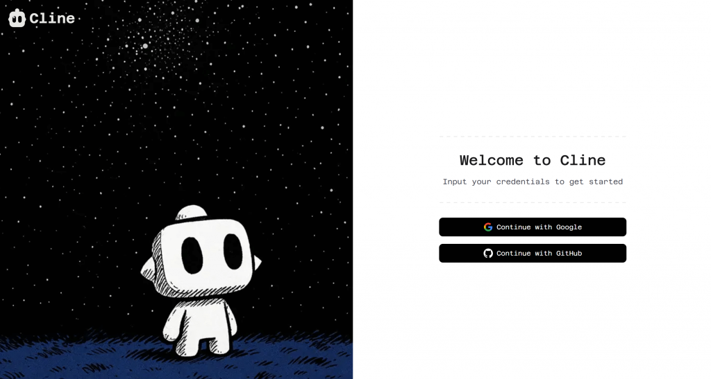 Página de inicio de sesión / creación de cuenta de Cline