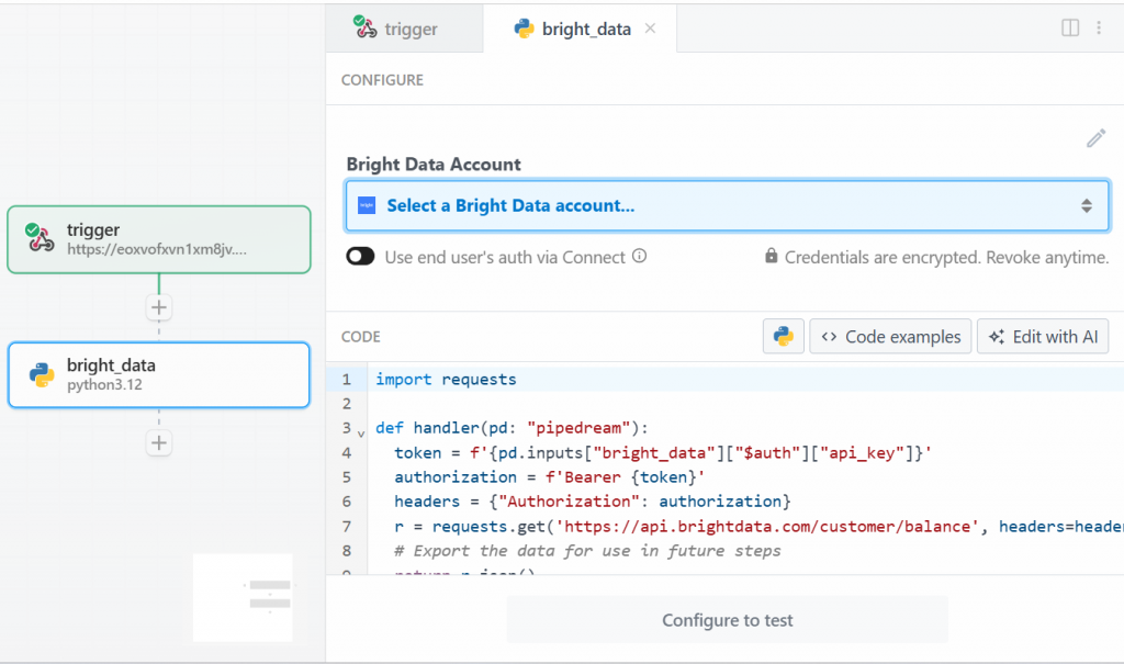 A ação "Use qualquer API de dados da Bright em Python" no Pipedream