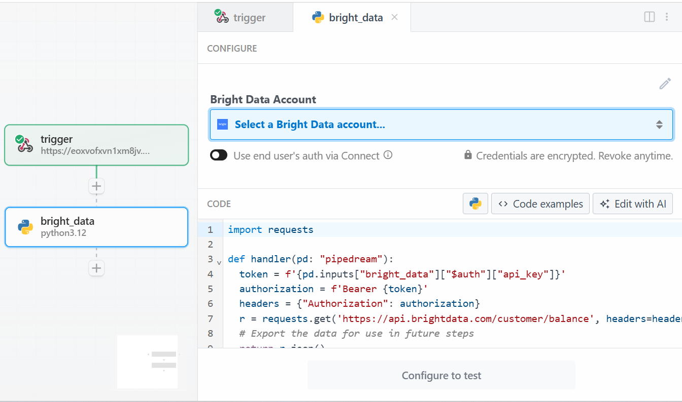 The “Use any Bright Data API in Python” action in Pipedream