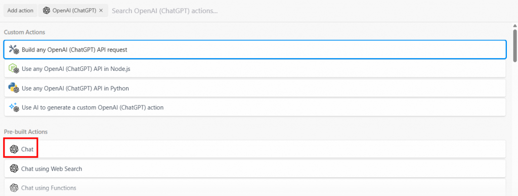 Selecionando a opção de bate-papo da OpenAI
