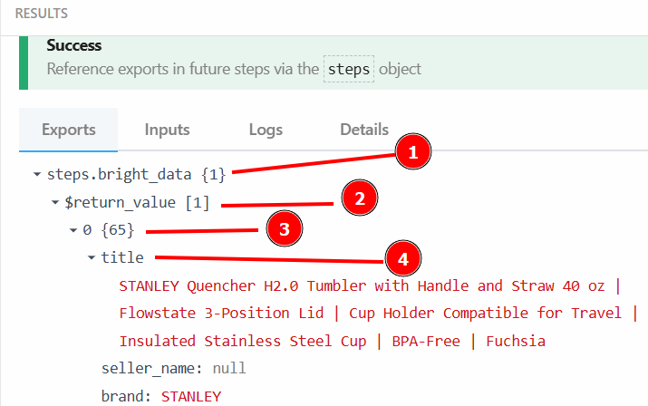 The structure of the output from the previous step