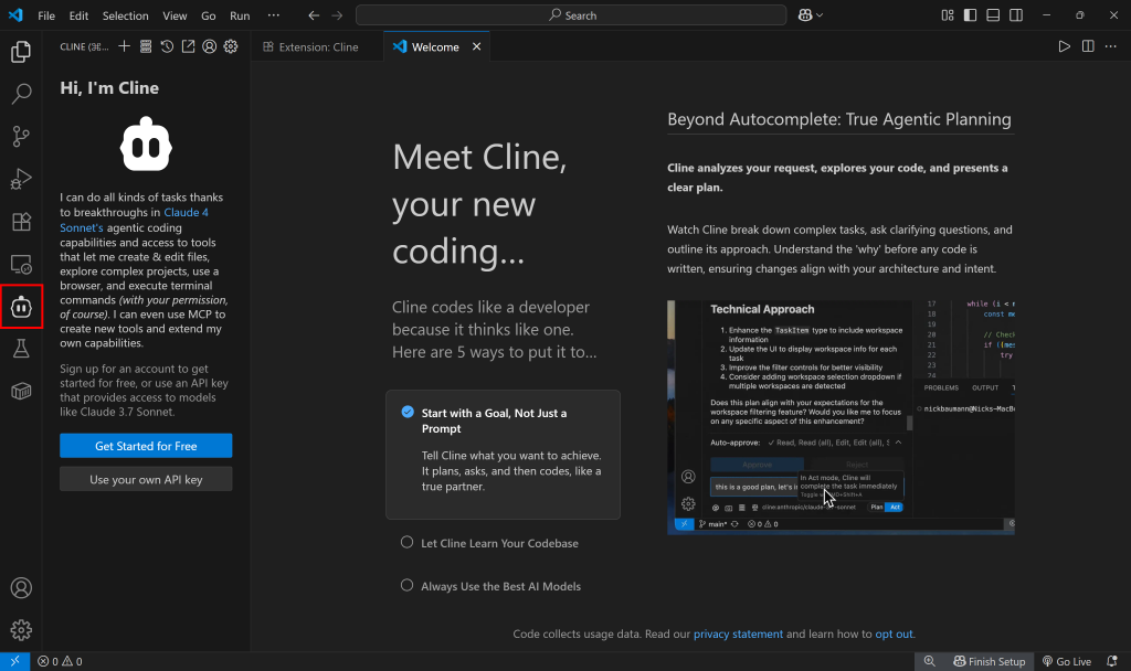 Cline activado en VS Code