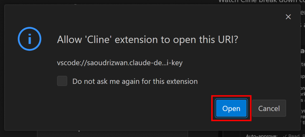 Hacer clic en "Abrir" para autentificar la extensión Cline