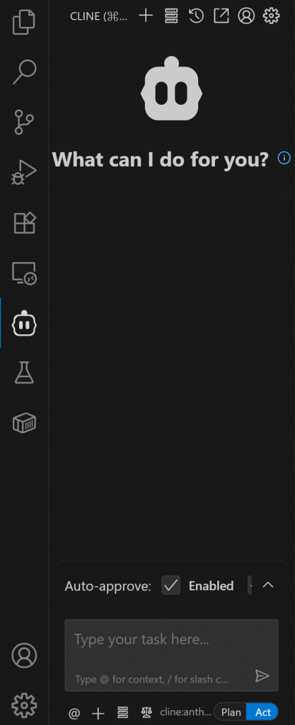 El panel de ampliación de Cline en VS Code