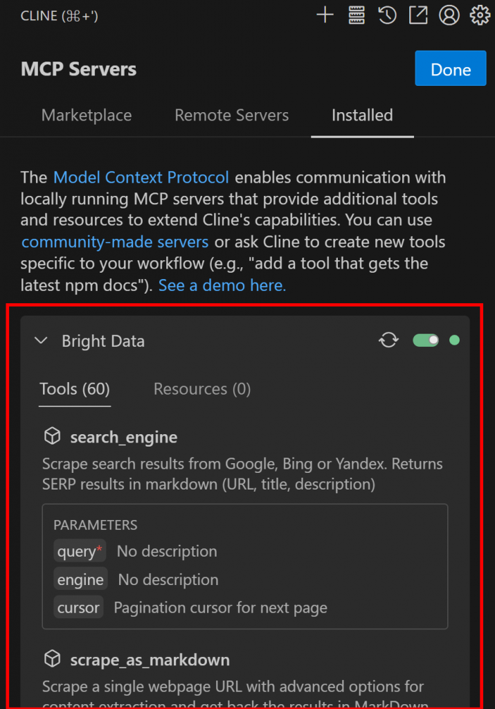El servidor MCP de Bright Data Web conectado