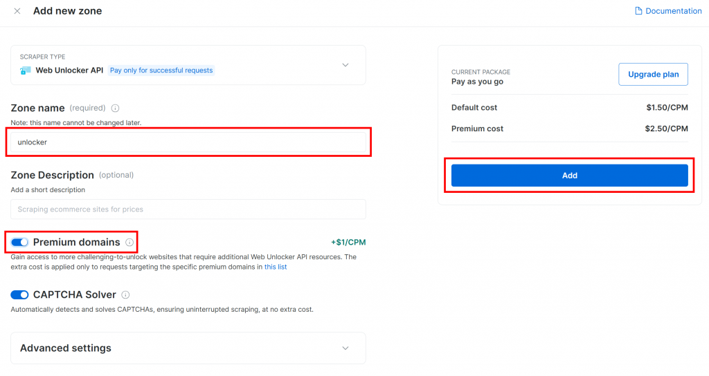 新しい Web Unlocker API ゾーンの設定