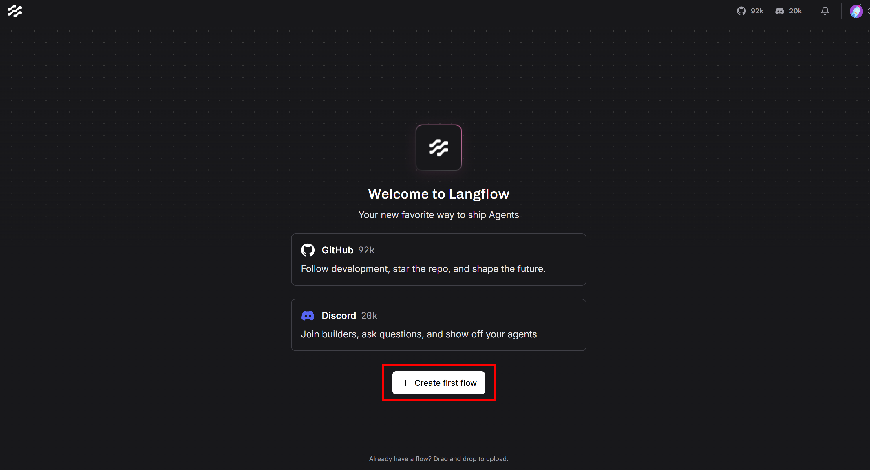 Clicking the “Create first flow” button