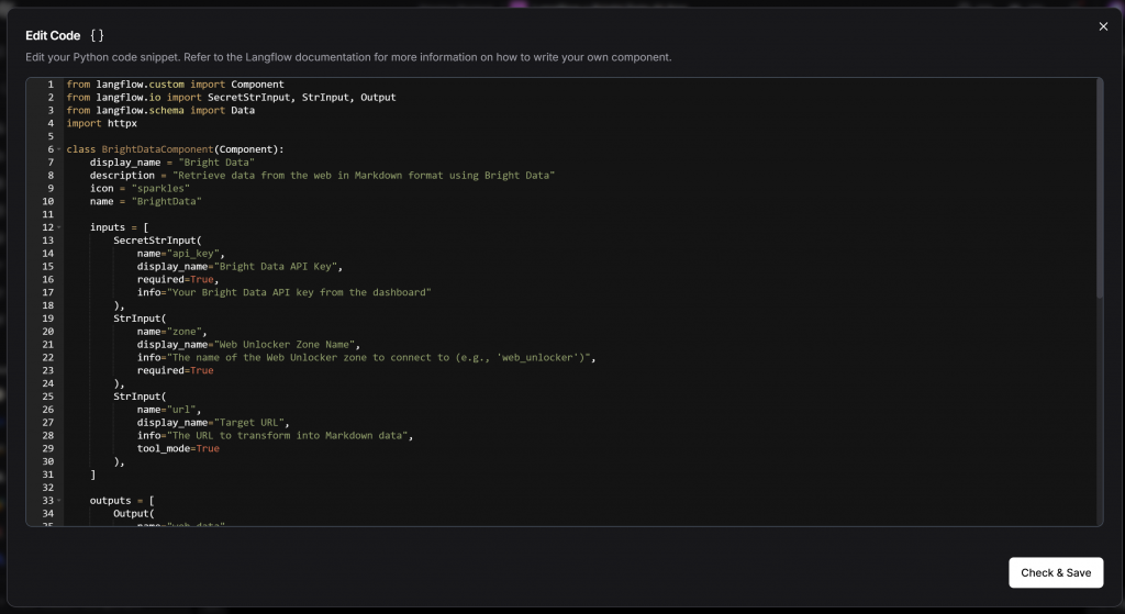 BrightDataComponentのコードの貼り付け