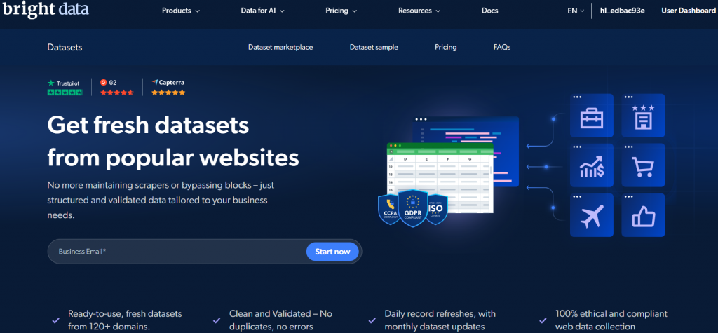 Página de conjuntos de dados da Bright Data