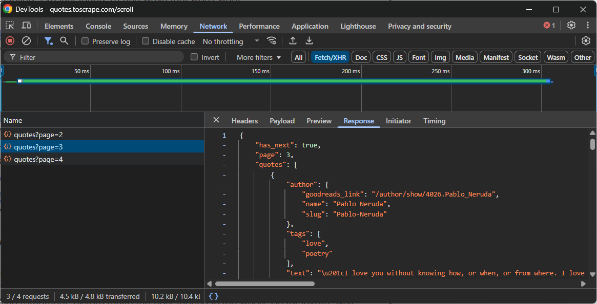 An example of an API call from infinite scrolling website