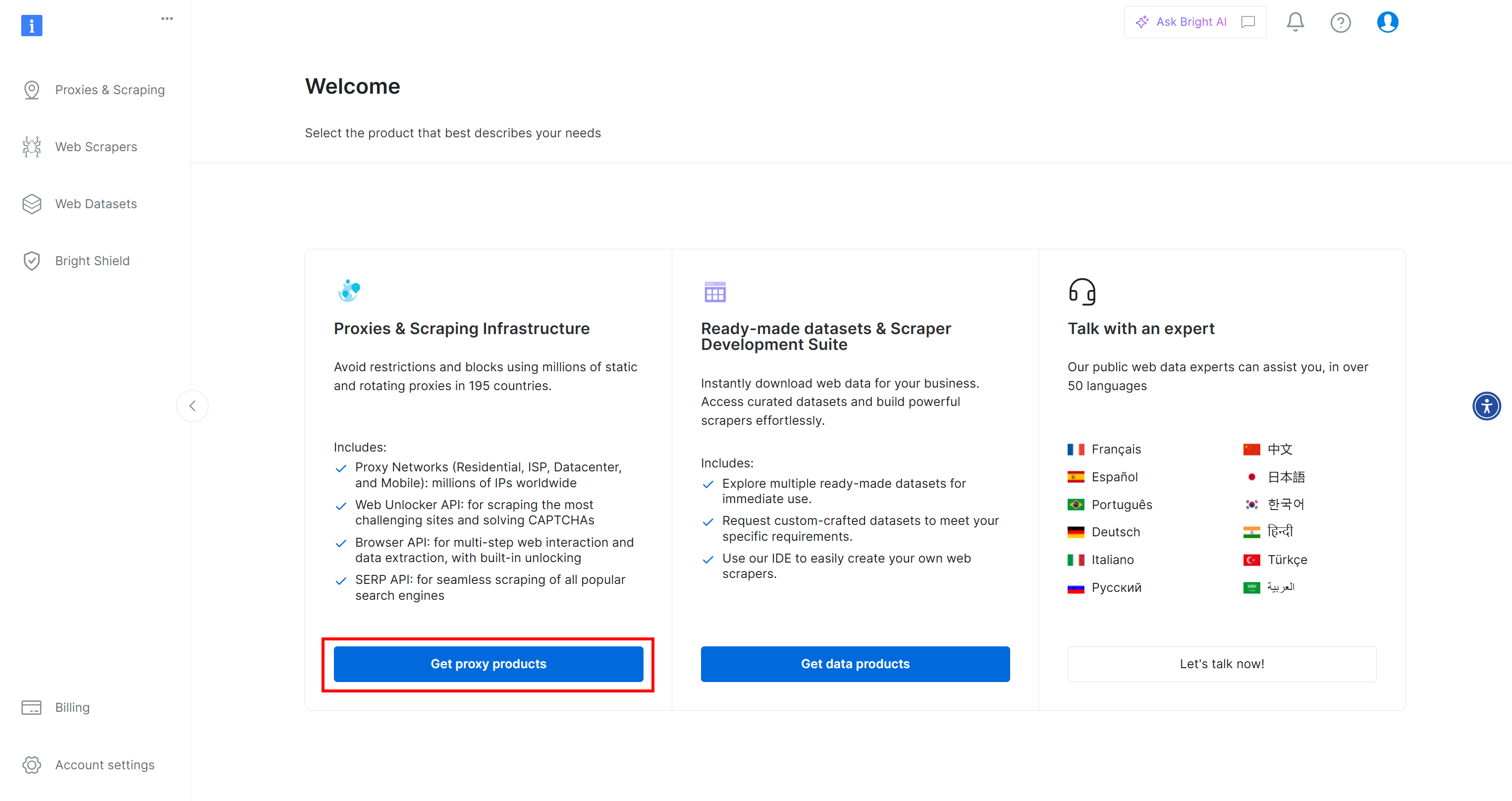 Clicking the “Get proxy products” button in your Bright Data account