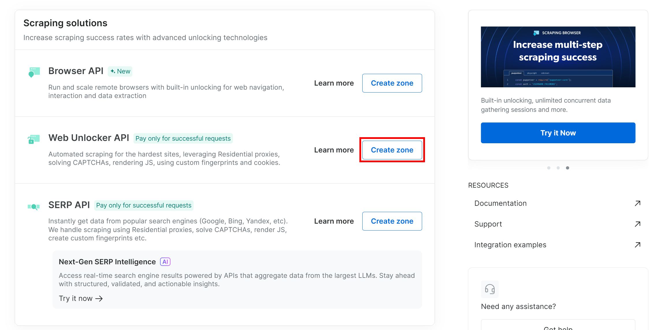 Clicking the “Create zone” on the “Web Unlocker API” card