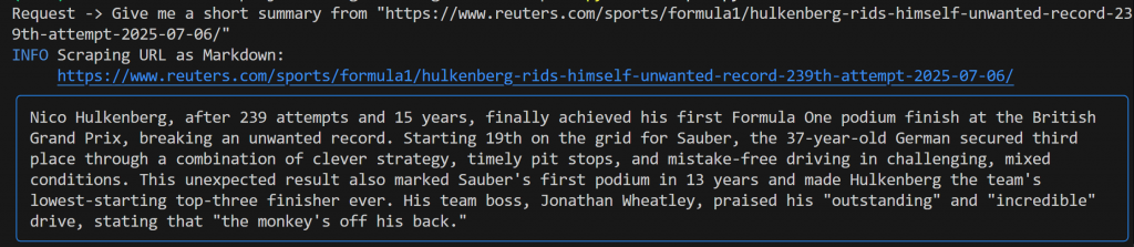 Die Ausgabe des Agno Scraping Agents für die angegebene Eingabeaufforderung