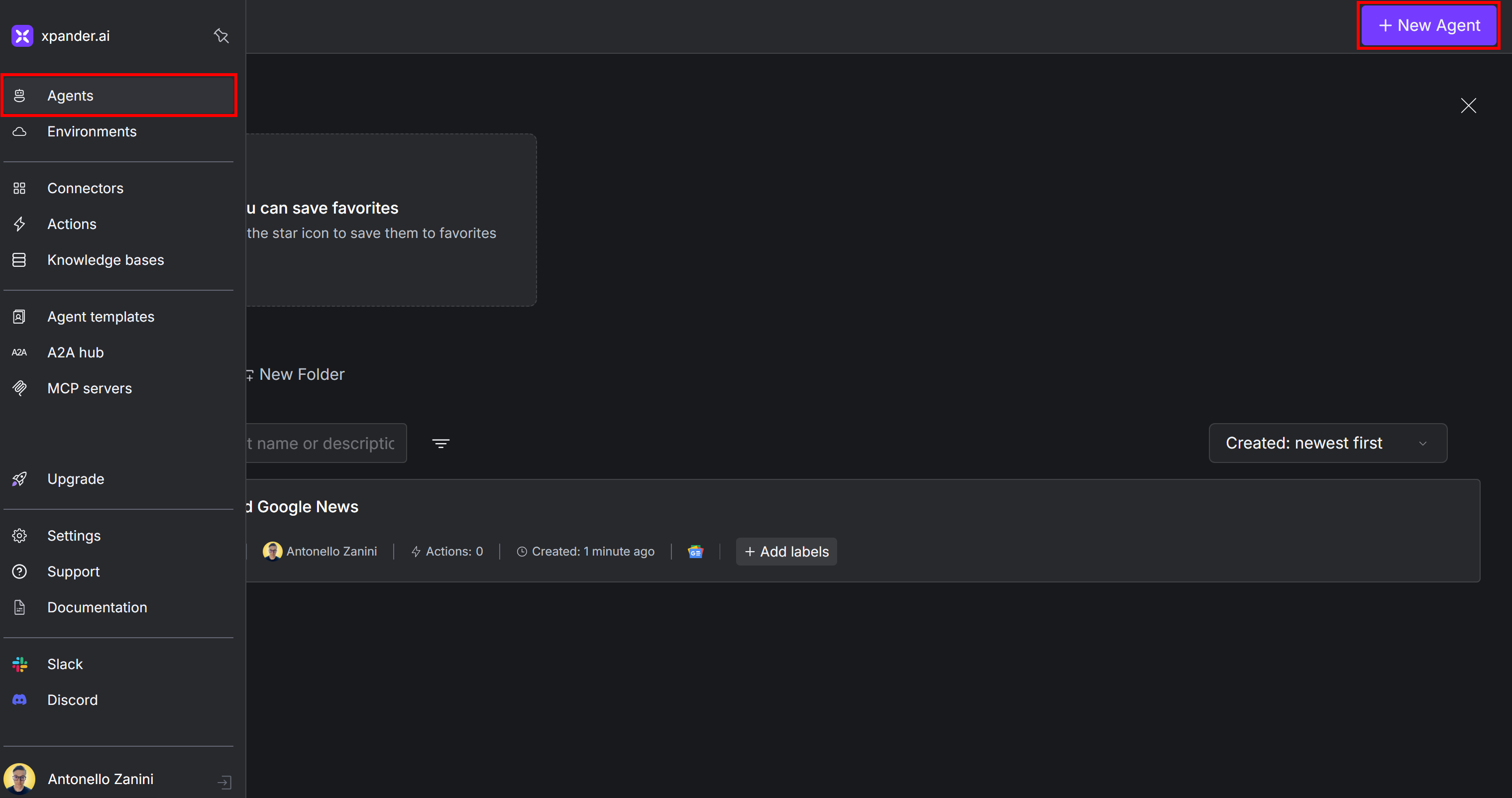 Clicking the “Agents > New Agent” button