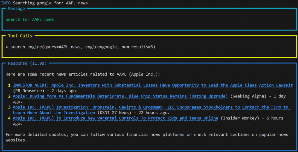 AAPLニュースを検索」プロンプトでのAgnoエージェントの出力
