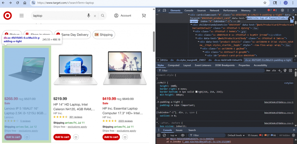 Cartões de produtos-alvo