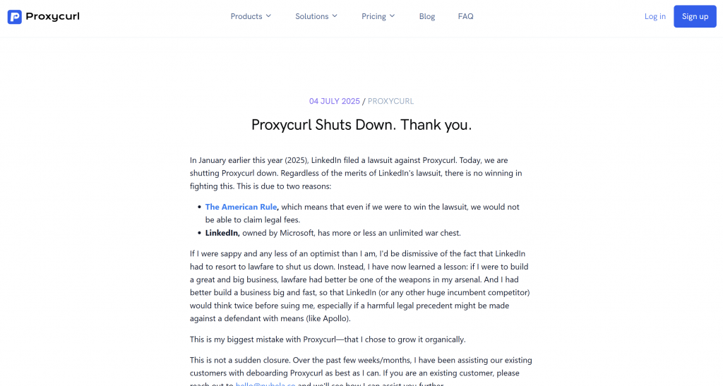 Proxycurlの閉鎖発表
